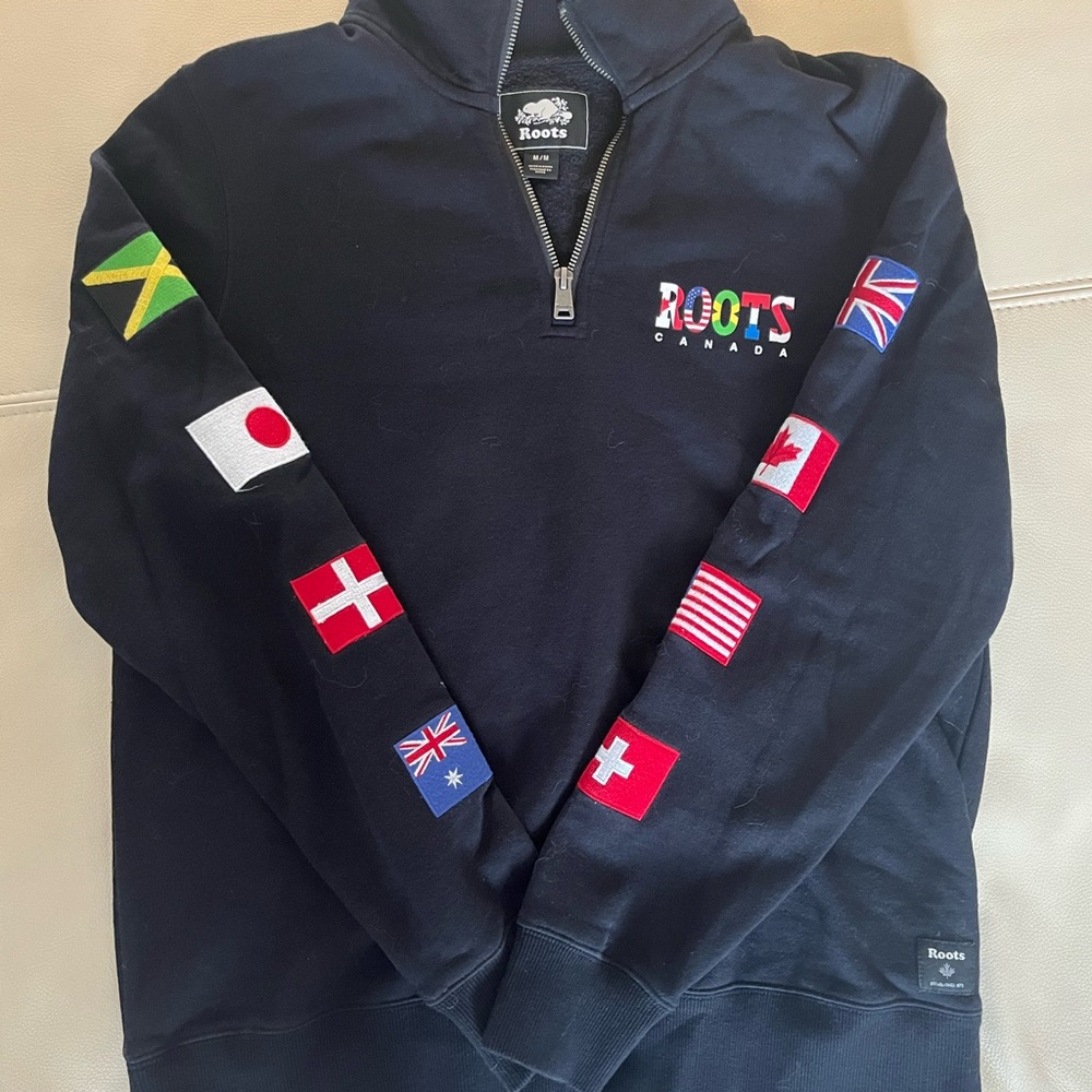 Roots Black Zip-Up Sweater with Flag Accents